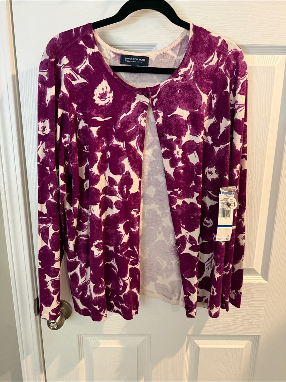 Jones New York Purple and Cream Floral Open Cardigan